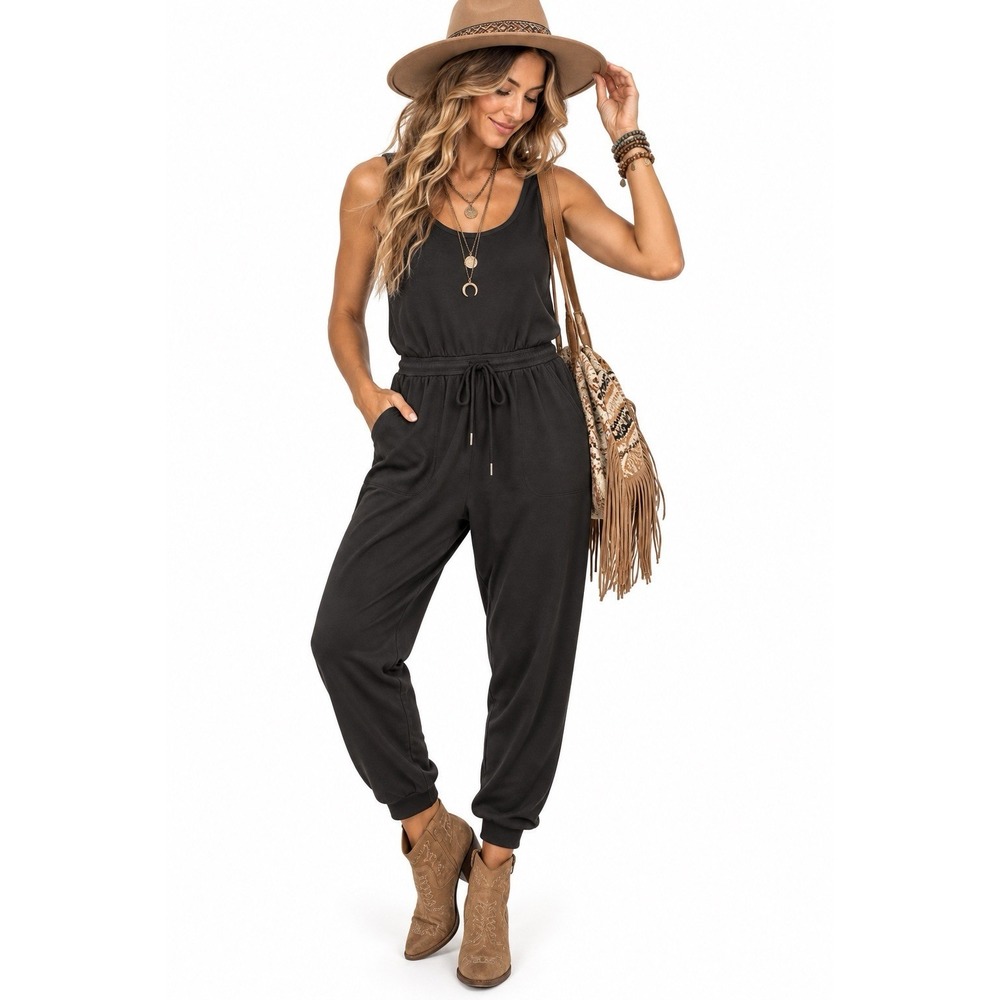 Athleta Jumpsuit L Black Sleeveless Drawstring Jogger Boho Festival Athleisure